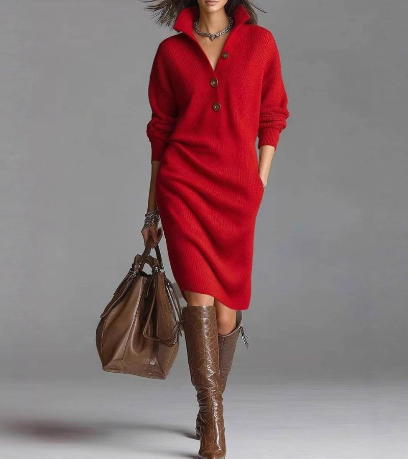 Carmen | Knit Dress Women Winter Warm Long Sleeve Elegant Fit-Knitted Dress-Red-S-Camoufit