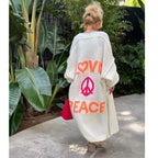 Aloura | Women's Long Knitted Cardigan with Love Peace Print Oversized Loose Fit Cosy Jumper-Womens' Cardigan-White-S-