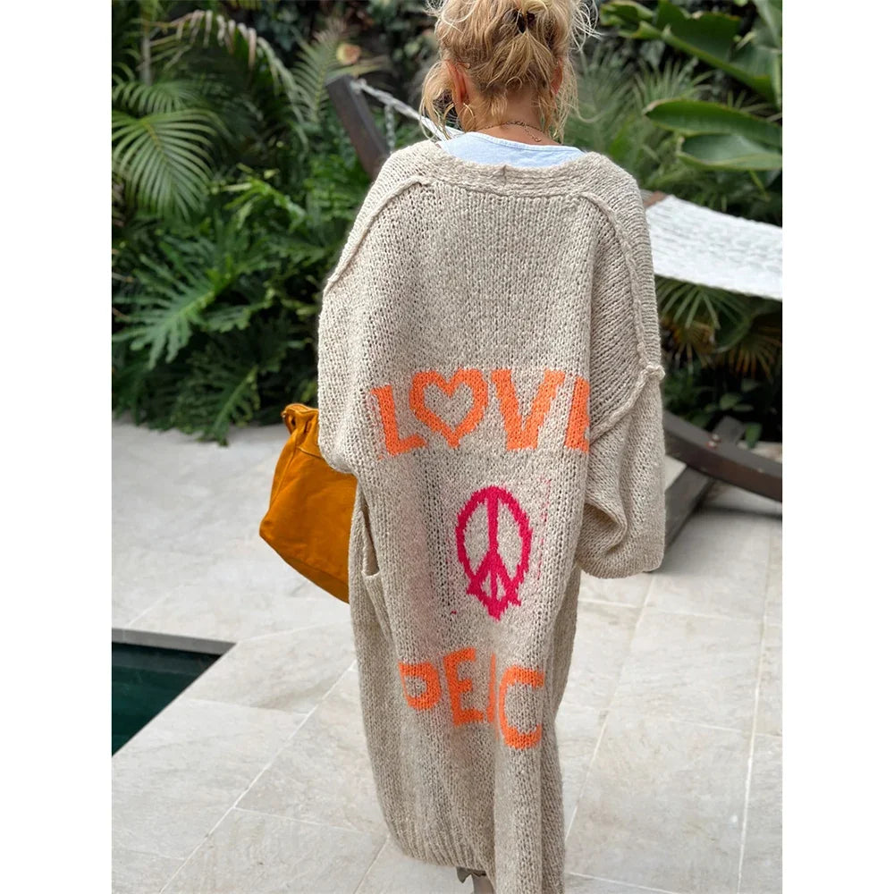 Aloura | Women's Long Knitted Cardigan with Love Peace Print Oversized Loose Fit Cosy Jumper-Womens' Cardigan-Beige-S-
