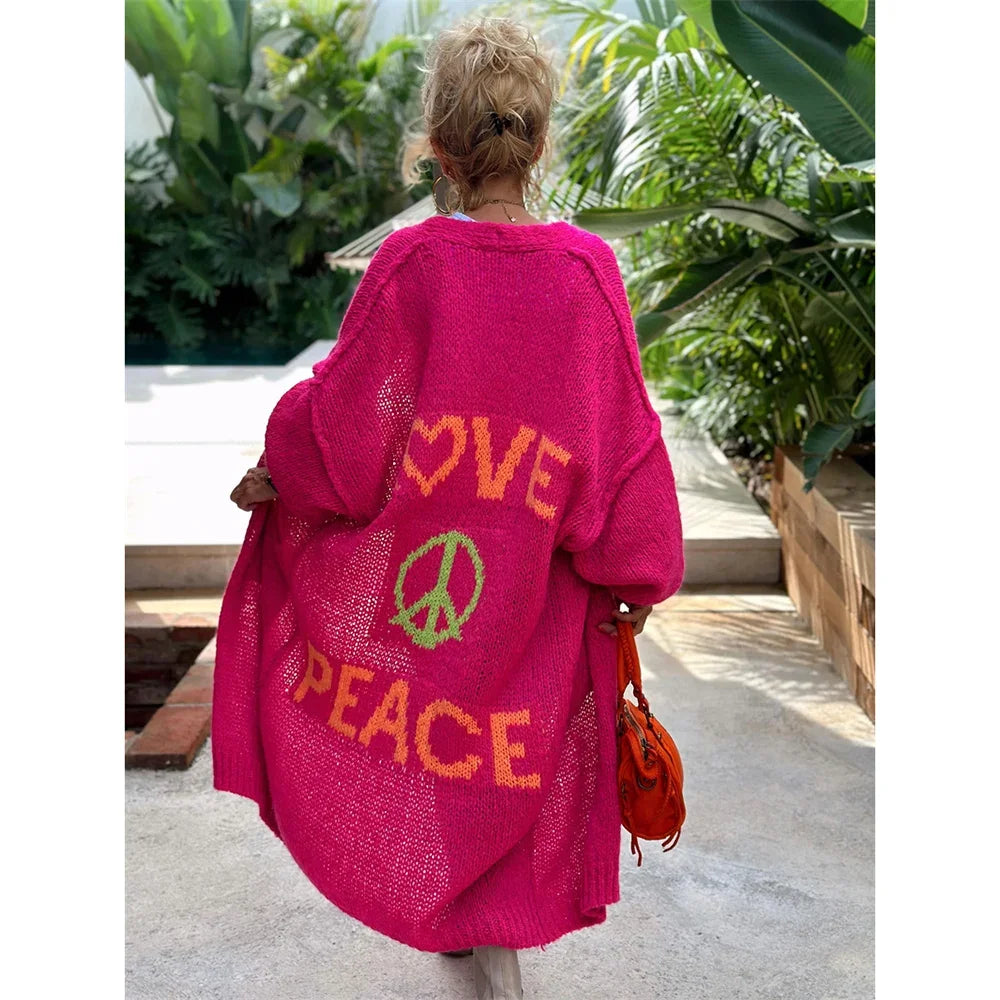 Aloura | Women's Long Knitted Cardigan with Love Peace Print Oversized Loose Fit Cosy Jumper-Womens' Cardigan-Pink-S-