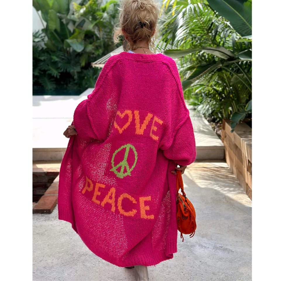 Aloura | Women's Long Knitted Cardigan with Love Peace Print Oversized Loose Fit Cosy Jumper-Womens' Cardigan-Green-S-