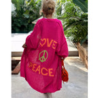 Aloura | Women's Long Knitted Cardigan with Love Peace Print Oversized Loose Fit Cosy Jumper-Womens' Cardigan-Green-S-