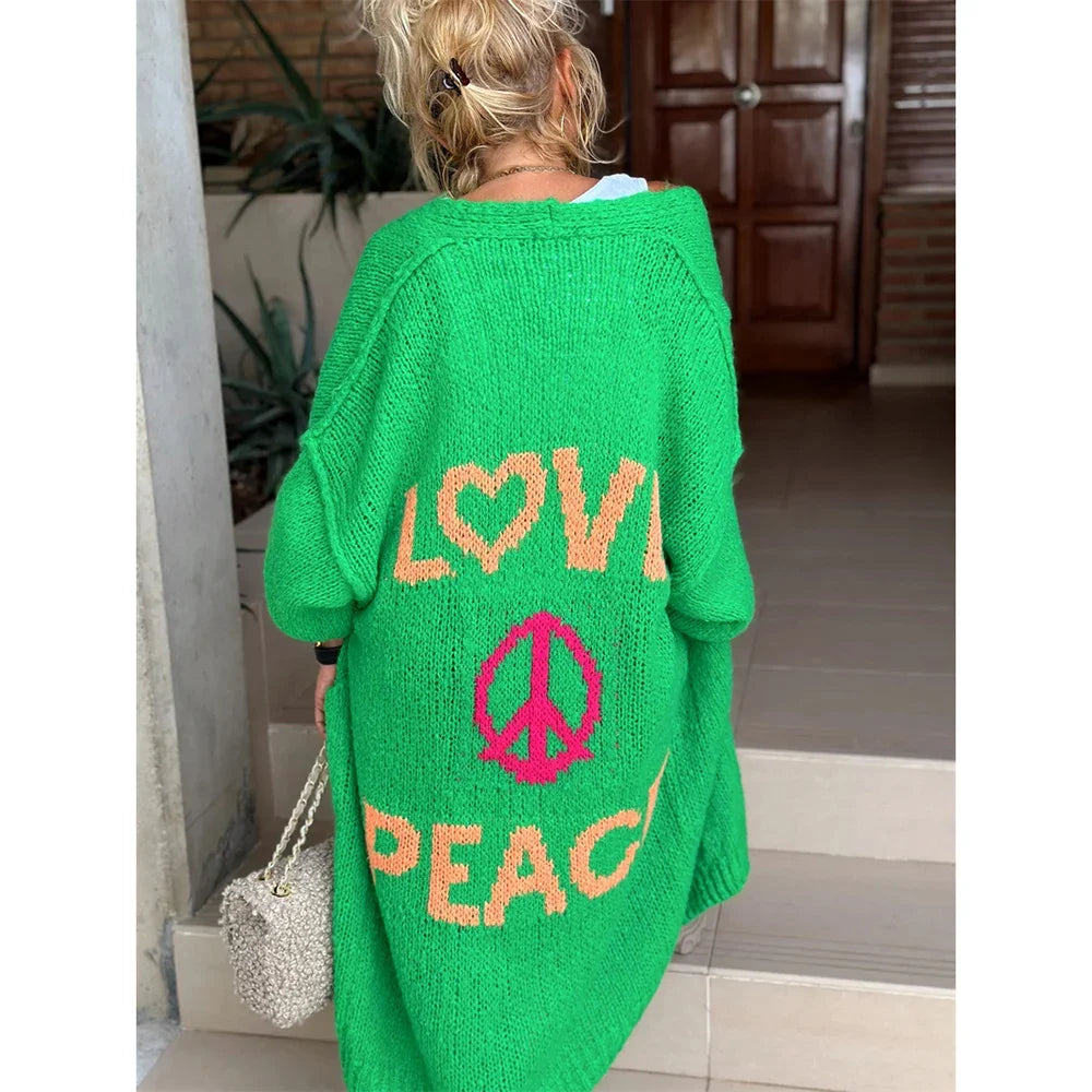 Aloura | Women's Long Knitted Cardigan with Love Peace Print Oversized Loose Fit Cosy Jumper-Womens' Cardigan-Green-S-