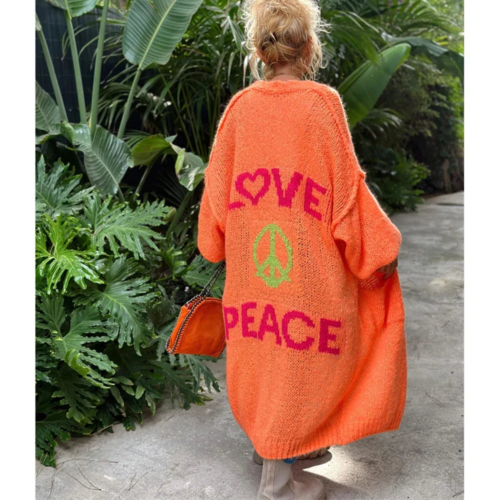 Aloura | Women's Long Knitted Cardigan with Love Peace Print Oversized Loose Fit Cosy Jumper-Womens' Cardigan-Orange-S-