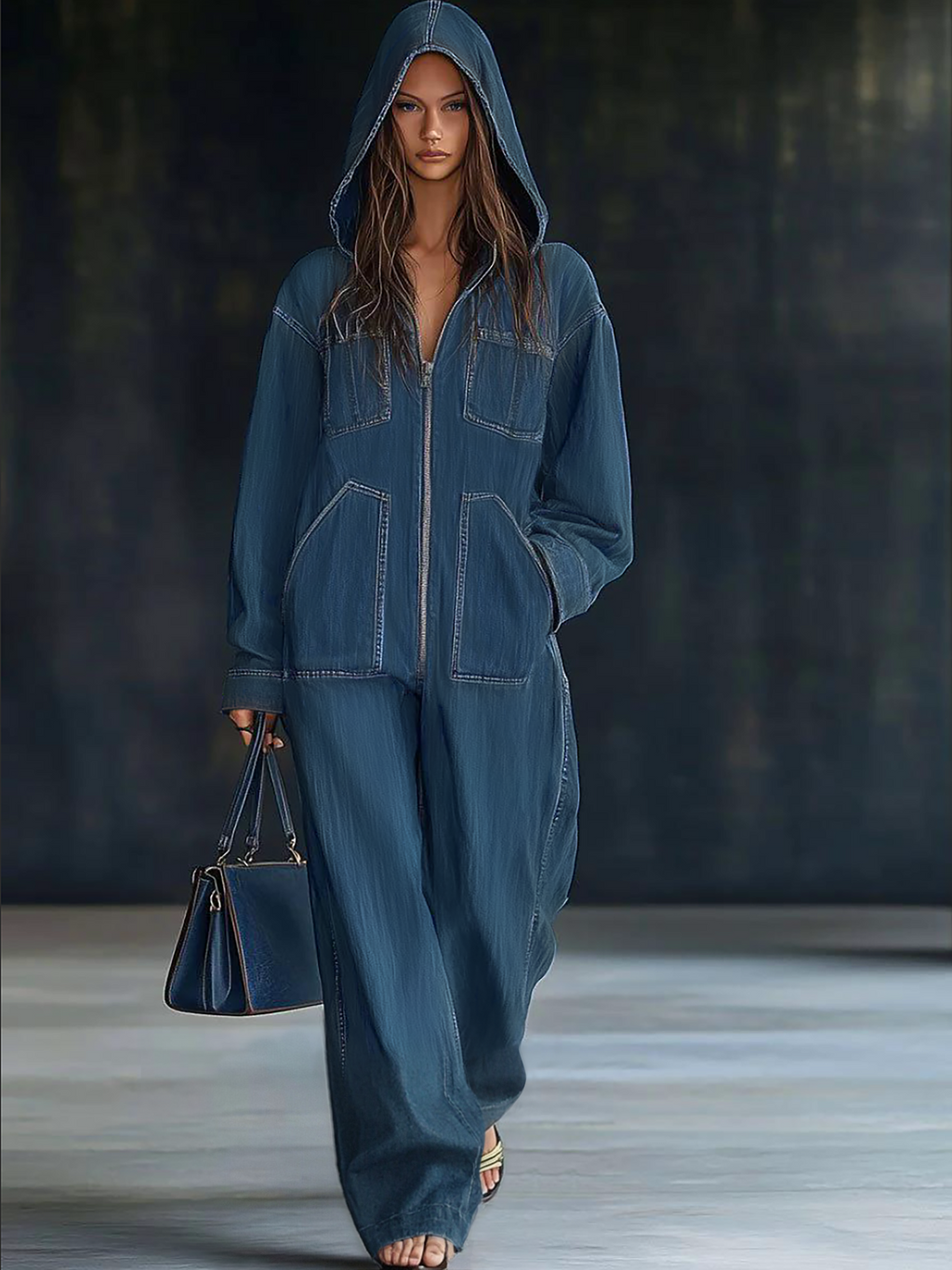 Calyra | Denim Jumpsuit for Women - Hooded Long Sleeve Zipper Pocket Vintage Loose Comfort Fit-Jumpsuit-Blue-S-Camoufit
