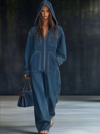 Calyra | Denim Jumpsuit for Women - Hooded Long Sleeve Zipper Pocket Vintage Loose Comfort Fit-Jumpsuit-Blue-S-Camoufit