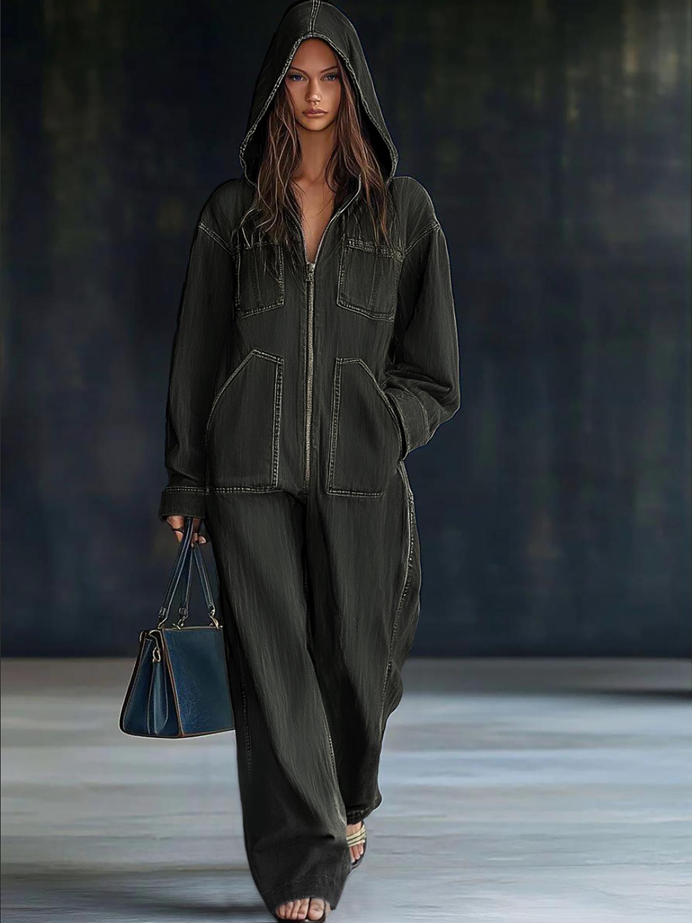 Calyra | Denim Jumpsuit for Women - Hooded Long Sleeve Zipper Pocket Vintage Loose Comfort Fit-Jumpsuit-Black-S-Camoufit