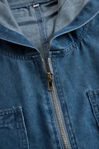 Calyra | Denim Jumpsuit for Women - Hooded Long Sleeve Zipper Pocket Vintage Loose Comfort Fit-Jumpsuit-Blue-S-Camoufit