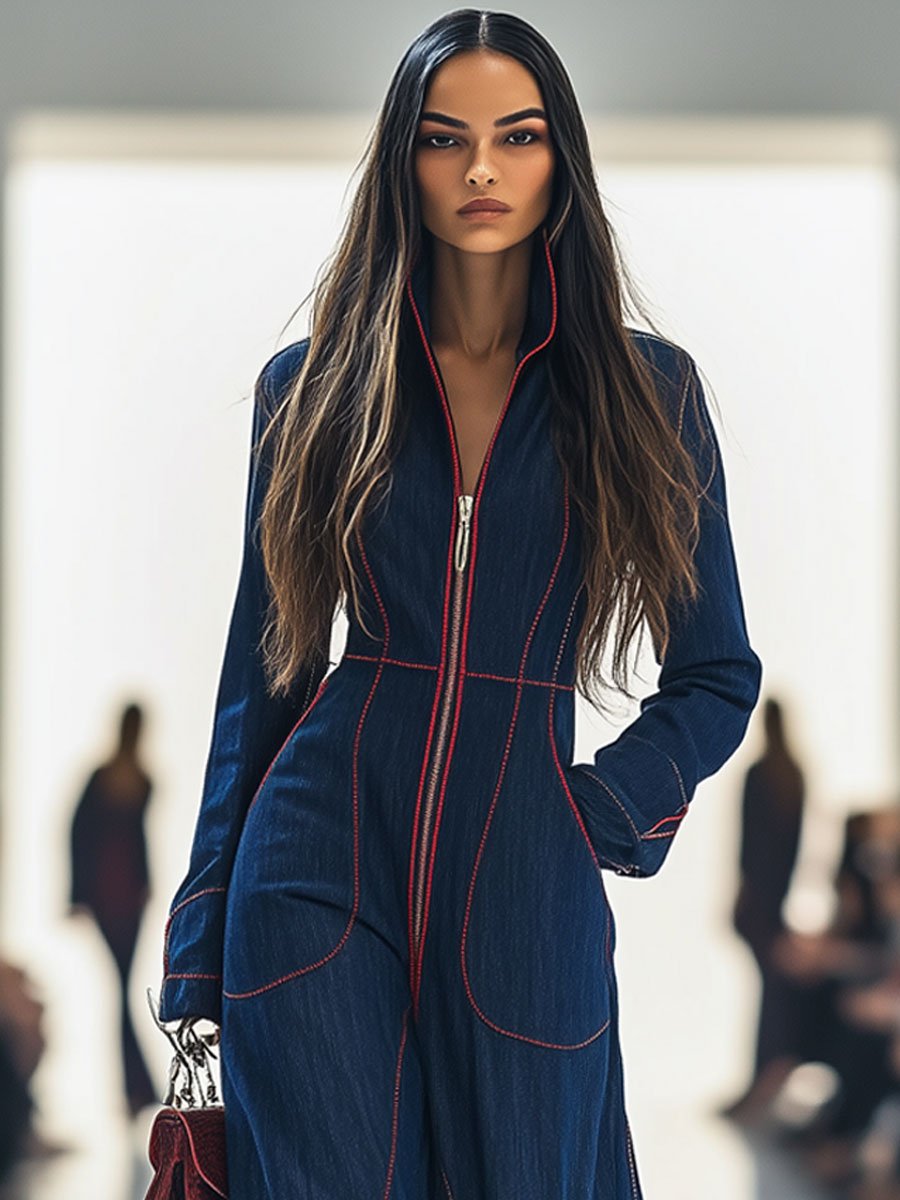 Vireya | Denim Wide Leg Jumpsuit for Women – Red Loose Fit-Jumpsuit-Navy-XS-Camoufit