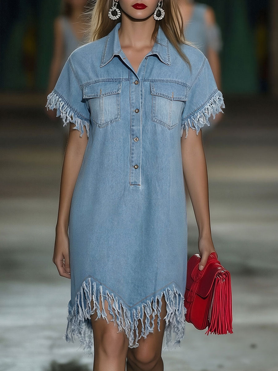 Lyssia | Denim Mini Dress for Women - Lapel Short Sleeve Button Tassel Vintage Loose Boho Fit-Mini Dress-Light Blue-S-Camoufit