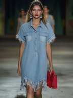 Lyssia | Denim Mini Dress for Women - Lapel Short Sleeve Button Tassel Vintage Loose Boho Fit-Mini Dress-Light Blue-S-Camoufit