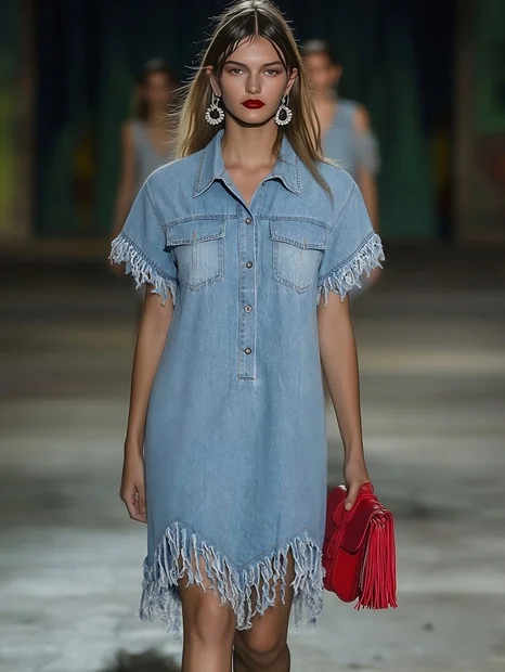 Lyssia | Denim Mini Dress for Women - Lapel Short Sleeve Button Tassel Vintage Loose Boho Fit-Mini Dress-Light Blue-S-Camoufit