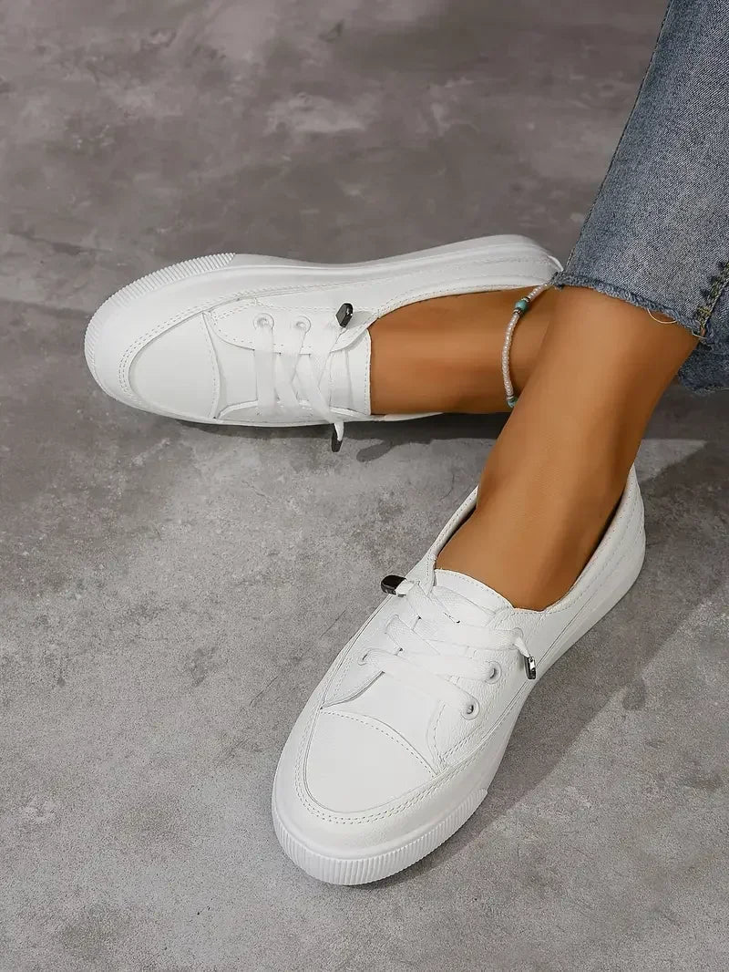 Elira | Women's Casual Lace Up Sneakers – Round Toe Flat Comfort Fit-Women's Sneakers-White-4-