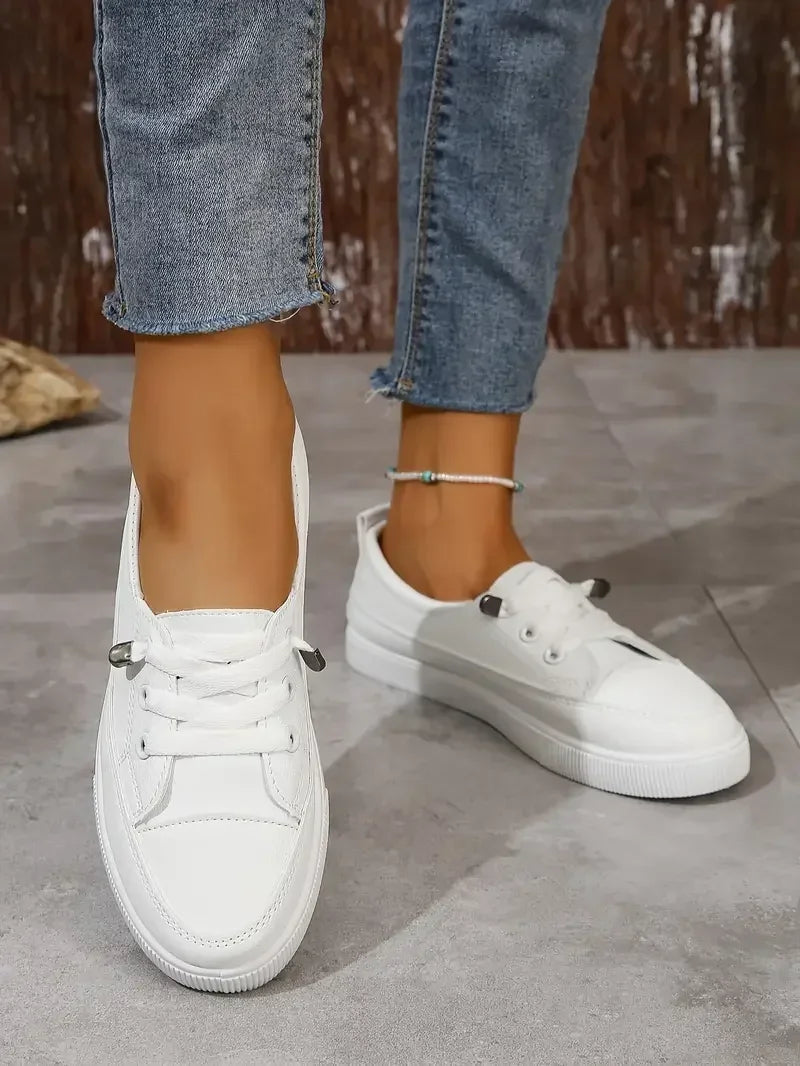 Elira | Women's Casual Lace Up Sneakers – Round Toe Flat Comfort Fit-Women's Sneakers-White-4-
