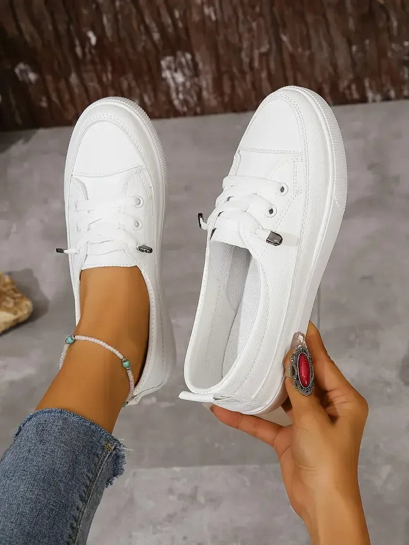 Elira | Women's Casual Lace Up Sneakers – Round Toe Flat Comfort Fit-Women's Sneakers-White-4-
