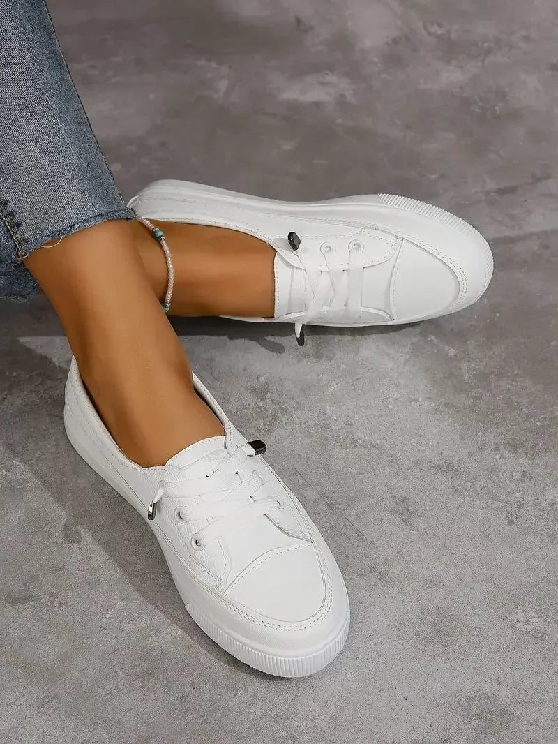 Elira | Women's Casual Lace Up Sneakers – Round Toe Flat Comfort Fit-Women's Sneakers-White-4-