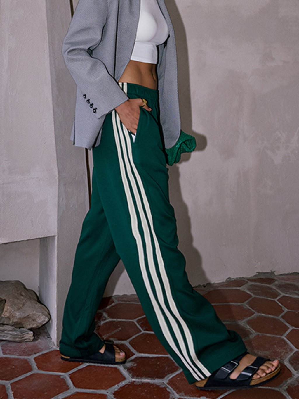 Yavina | Striped Patchwork Pants for Women - Casual High Waist Cotton Blend Shift Comfort Fit-Sweatpants-Green-XS-Camoufit