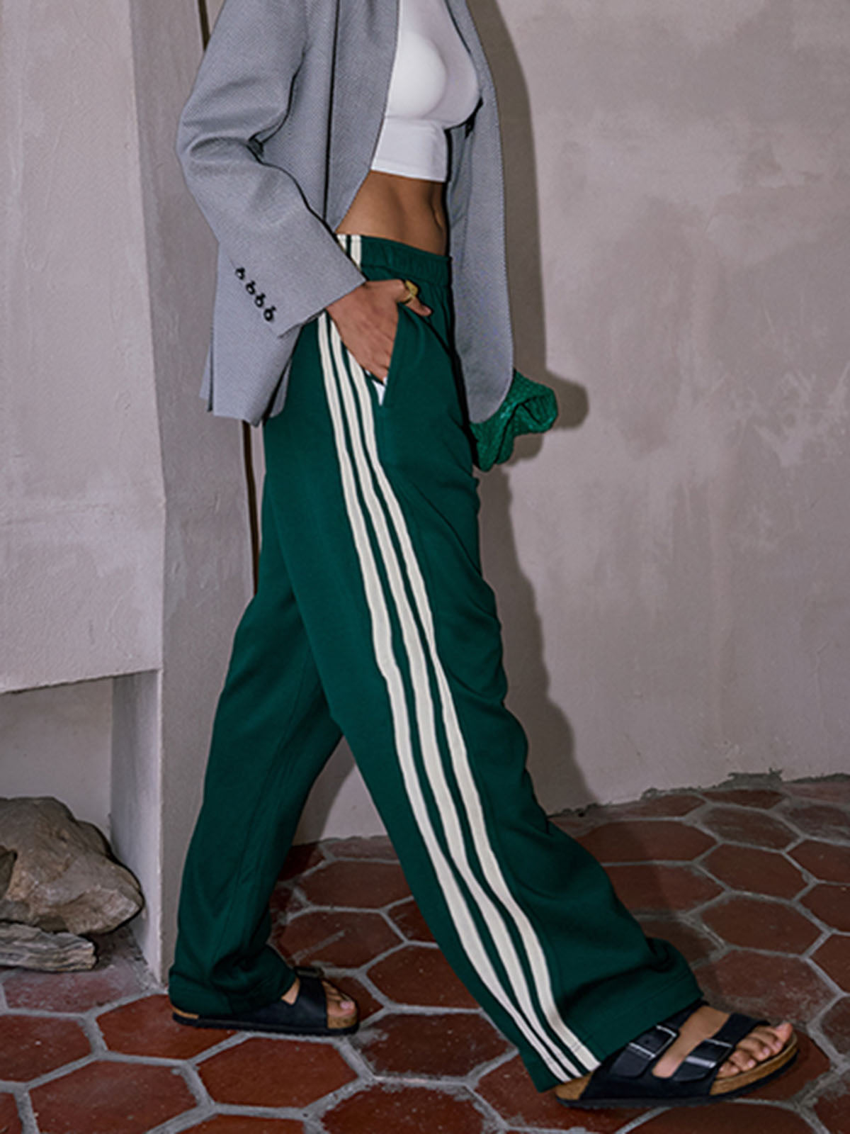 Yavina | Striped Patchwork Pants for Women - Casual High Waist Cotton Blend Shift Comfort Fit-Sweatpants-Green-XS-Camoufit
