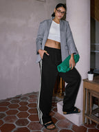 Yavina | Striped Patchwork Pants for Women - Casual High Waist Cotton Blend Shift Comfort Fit-Sweatpants-Black-XS-Camoufit