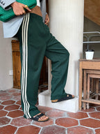 Yavina | Striped Patchwork Pants for Women - Casual High Waist Cotton Blend Shift Comfort Fit-Sweatpants-Green-XS-Camoufit