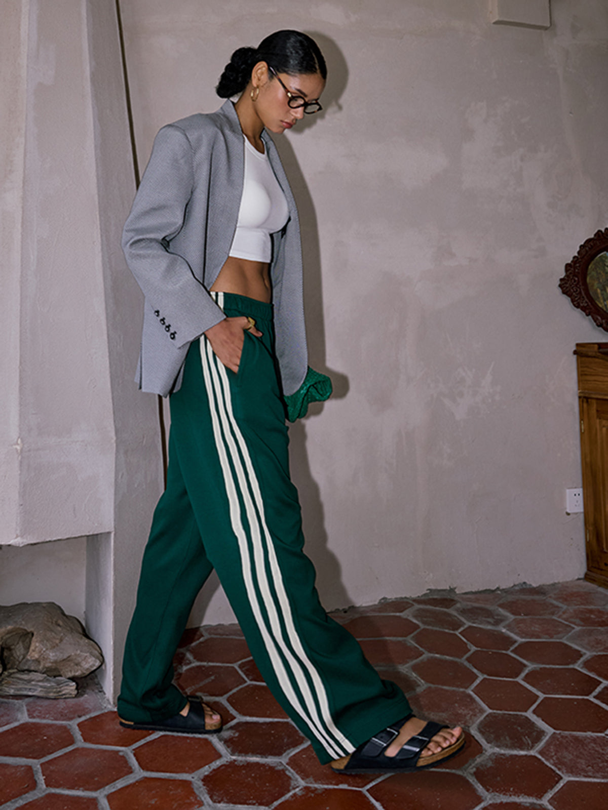 Yavina | Striped Patchwork Pants for Women - Casual High Waist Cotton Blend Shift Comfort Fit-Sweatpants-Green-XS-Camoufit