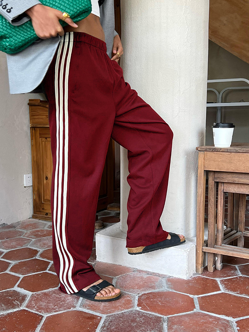 Yavina | Striped Patchwork Pants for Women - Casual High Waist Cotton Blend Shift Comfort Fit-Sweatpants-Red-XS-Camoufit
