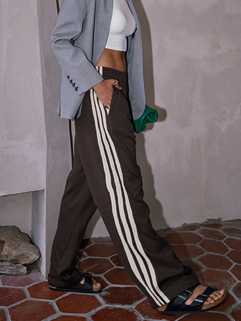 Yavina | Striped Patchwork Pants for Women - Casual High Waist Cotton Blend Shift Comfort Fit-Sweatpants-Dark Brown-XS-Camoufit