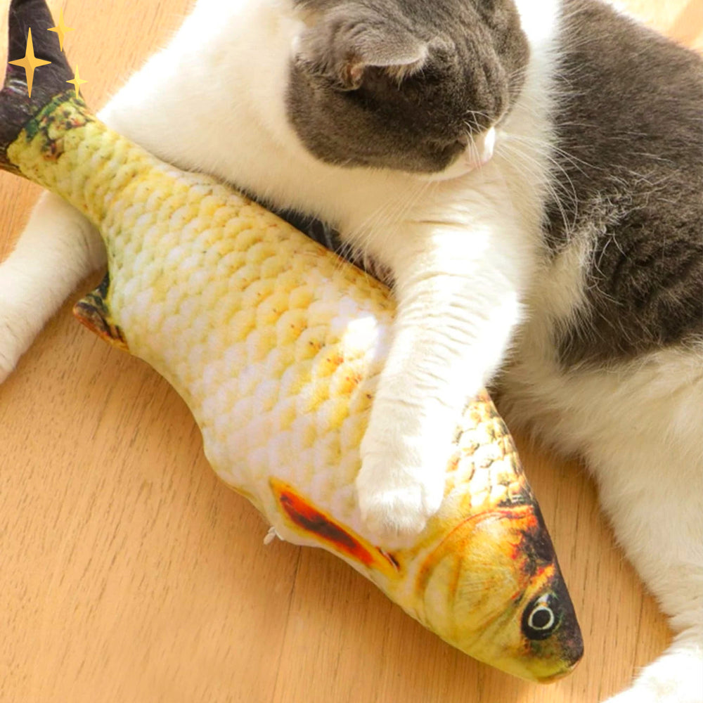 Plush cat fish toy, yellow fish with orange face, textured fabric, cat pawing