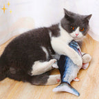Plush cat fish toy, blue textured fish with white underside held by gray cat