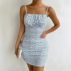 Women's Floral Ruched Mini Dress with Spaghetti Straps Bodycon Ribbed Stretch Summer Dress-Mini Dress-Blue-S-