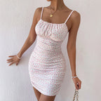 Women's Floral Ruched Mini Dress with Spaghetti Straps Bodycon Ribbed Stretch Summer Dress-Mini Dress-Pink-S-