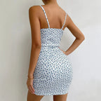 Women's Floral Ruched Mini Dress with Spaghetti Straps Bodycon Ribbed Stretch Summer Dress-Mini Dress-Blue-S-