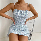 Women's Floral Ruched Mini Dress with Spaghetti Straps Bodycon Ribbed Stretch Summer Dress-Mini Dress-Blue-S-