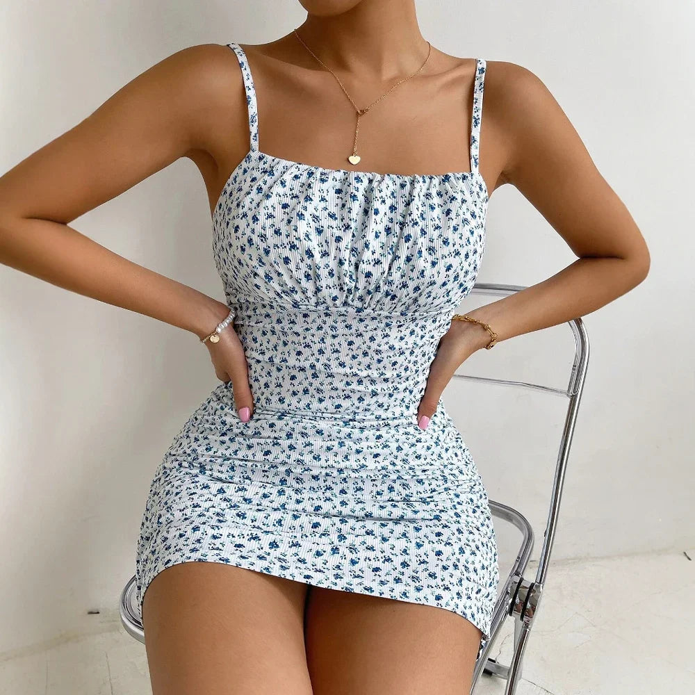 Women's Floral Ruched Mini Dress with Spaghetti Straps Bodycon Ribbed Stretch Summer Dress-Mini Dress-Blue-S-