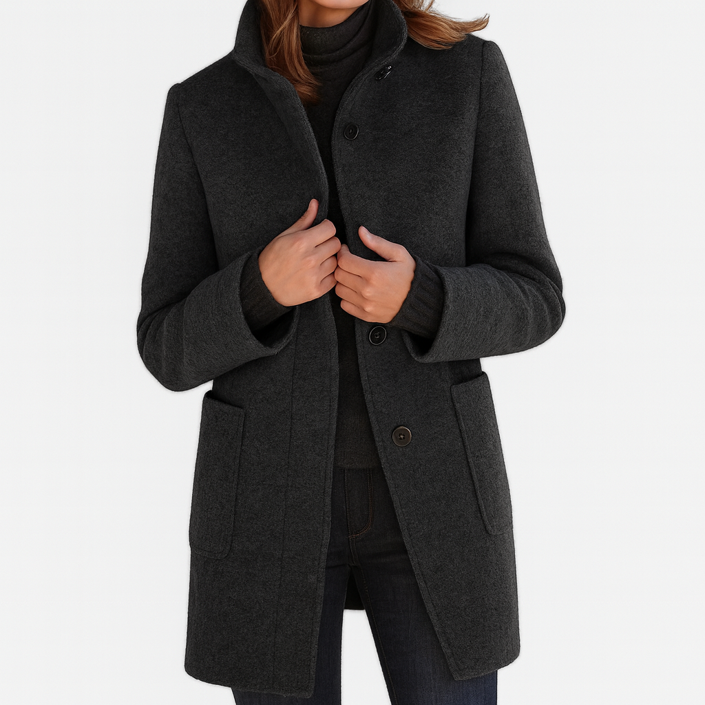 Amore | Women's Straight Cut Button-Front Coat - Tailored Faux Wool Blend Long Overcoat & Work Jacket
