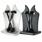 Handheld knife sharpener stand with black grips, shown in silver and black