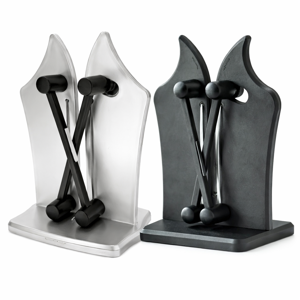 Handheld knife sharpener stand with black grips, shown in silver and black