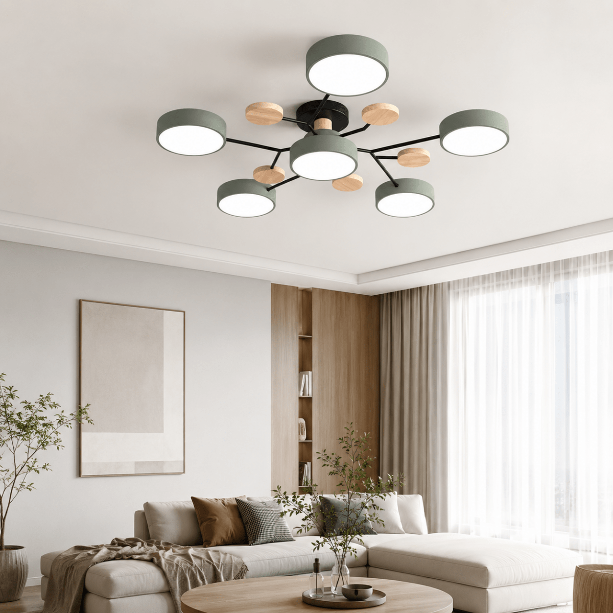 Round multi-head LED ceiling flush mount with white light discs and wood-tone accents
