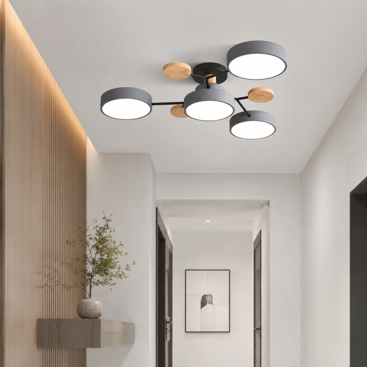 Round multi-head LED ceiling flush mount with white discs and wood-tone accents