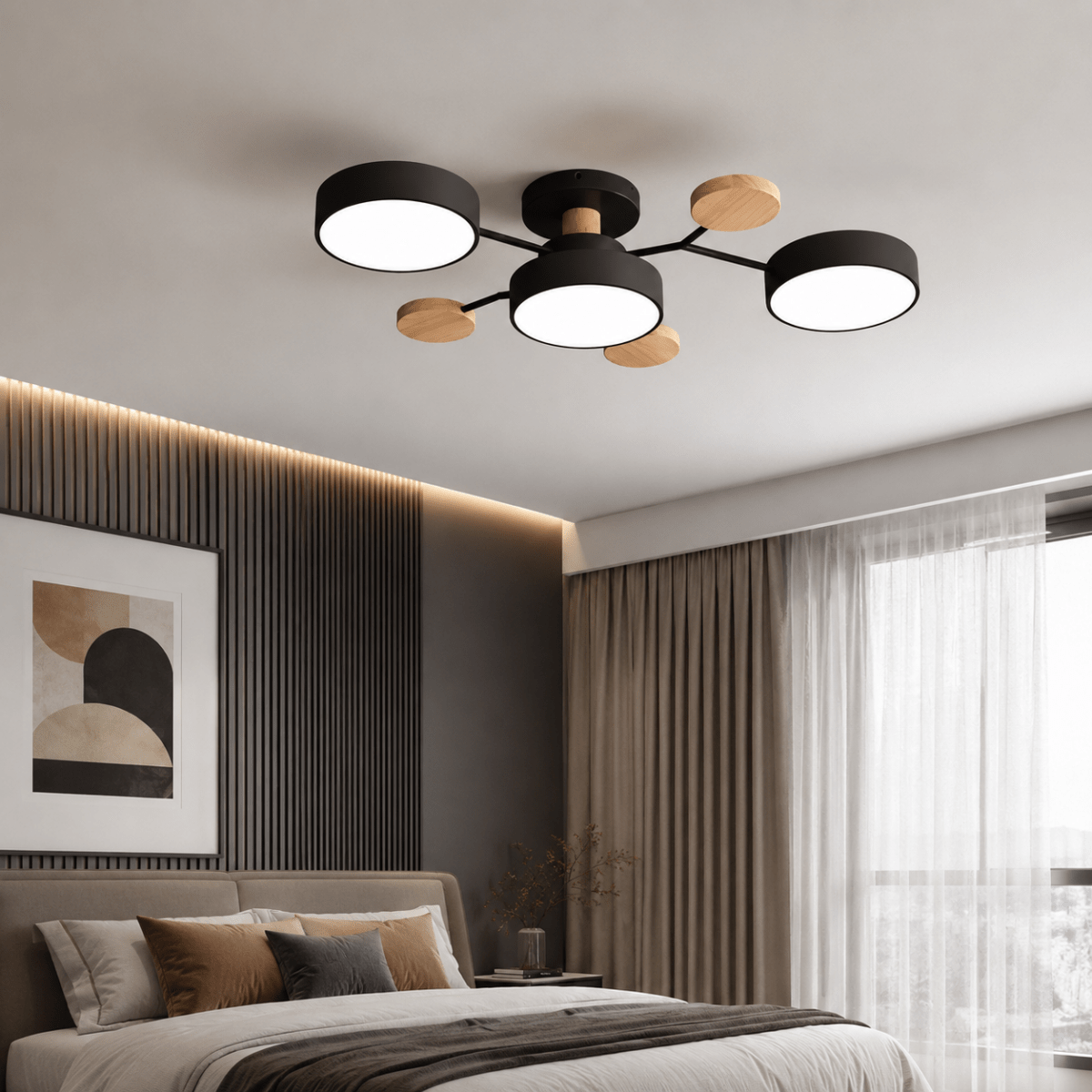 Round multi-head LED ceiling flush mount with dark frame, white circular shades, wood-tone accents