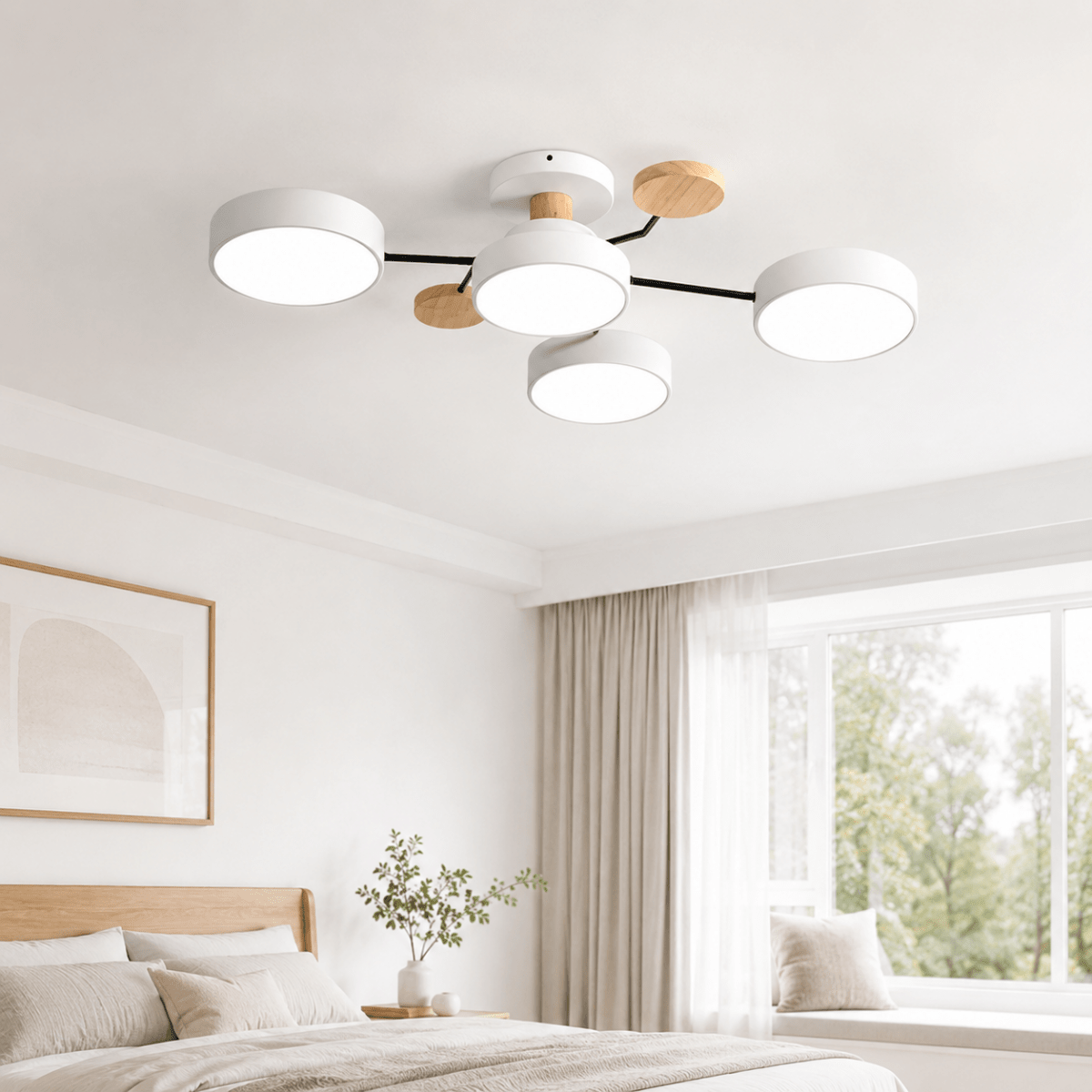 Round multi-head LED ceiling flush mount with white circular lights and light wood-tone details