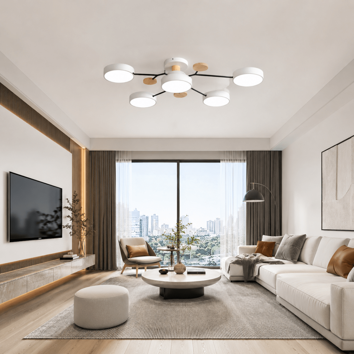 Round multi-head LED flush mount with white circular shades and dark mounting ring