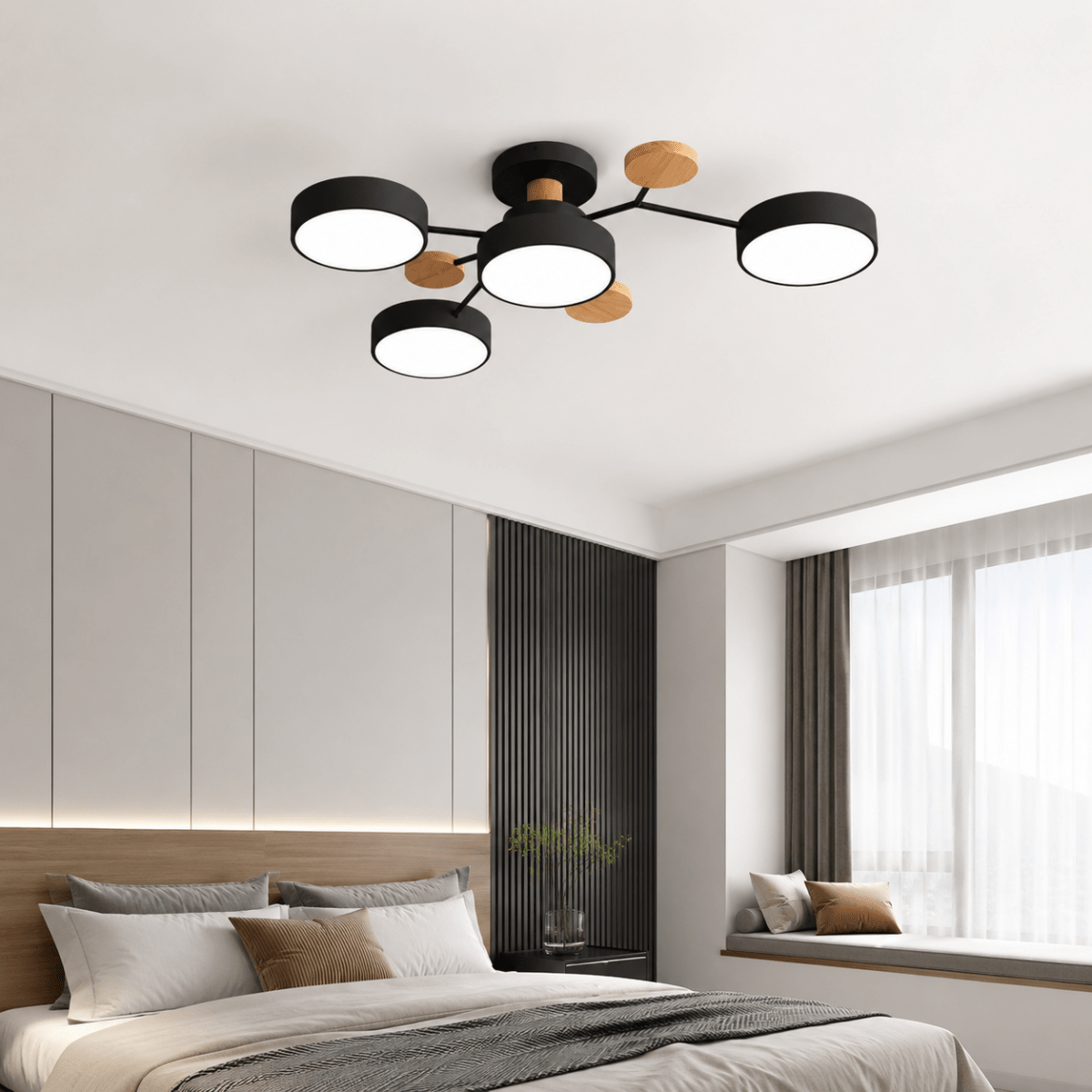 Multi-head round LED ceiling flush mount with dark center and white circular light panels