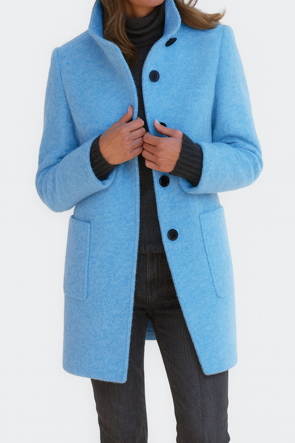 Amore | Women's Straight Cut Button-Front Coat - Tailored Faux Wool Blend Long Overcoat & Work Jacket