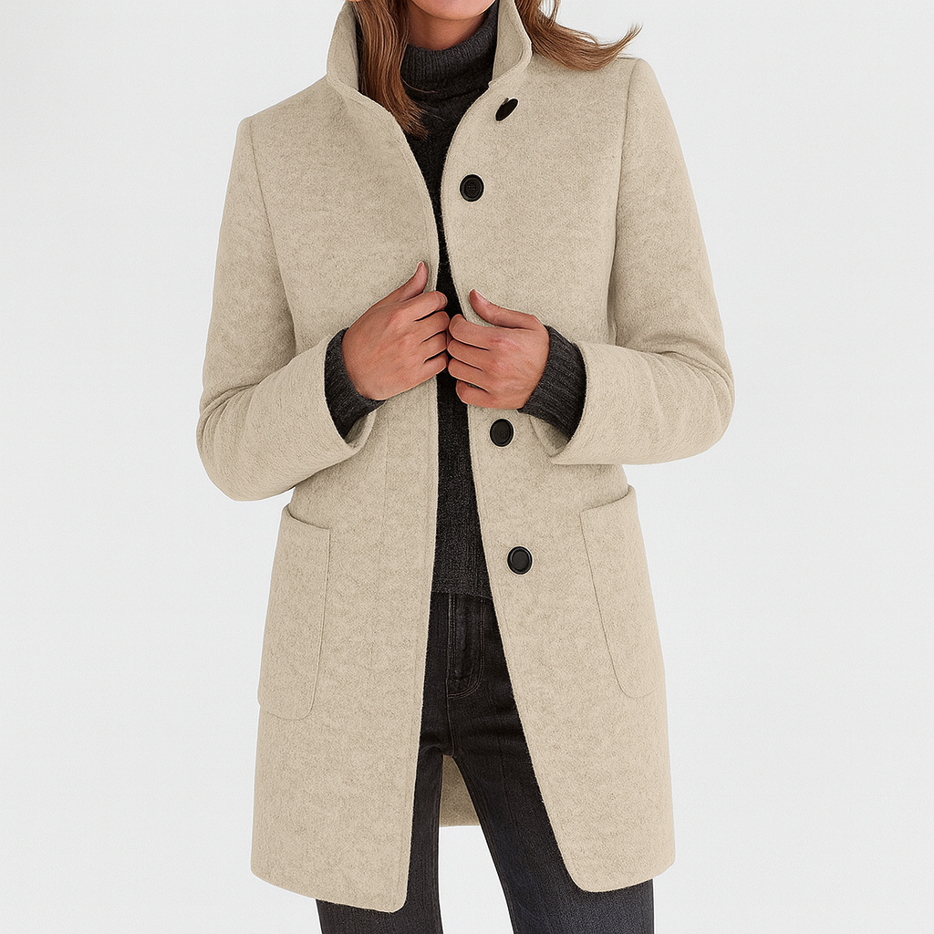Amore | Women's Straight Cut Button-Front Coat - Tailored Faux Wool Blend Long Overcoat & Work Jacket