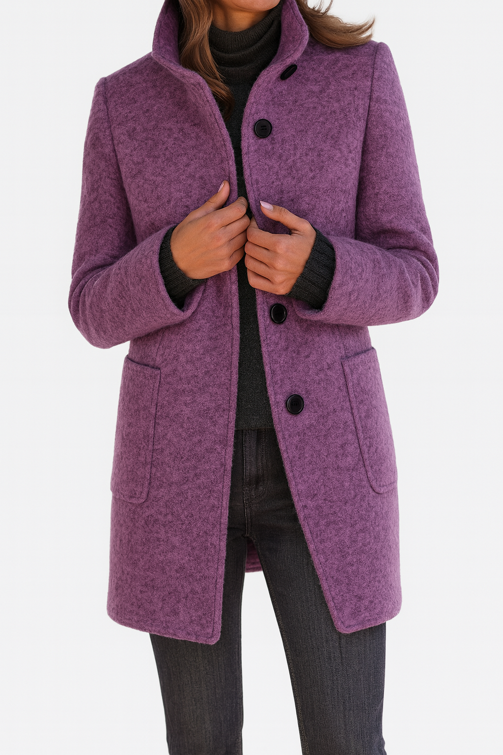 Amore | Women's Straight Cut Button-Front Coat - Tailored Faux Wool Blend Long Overcoat & Work Jacket