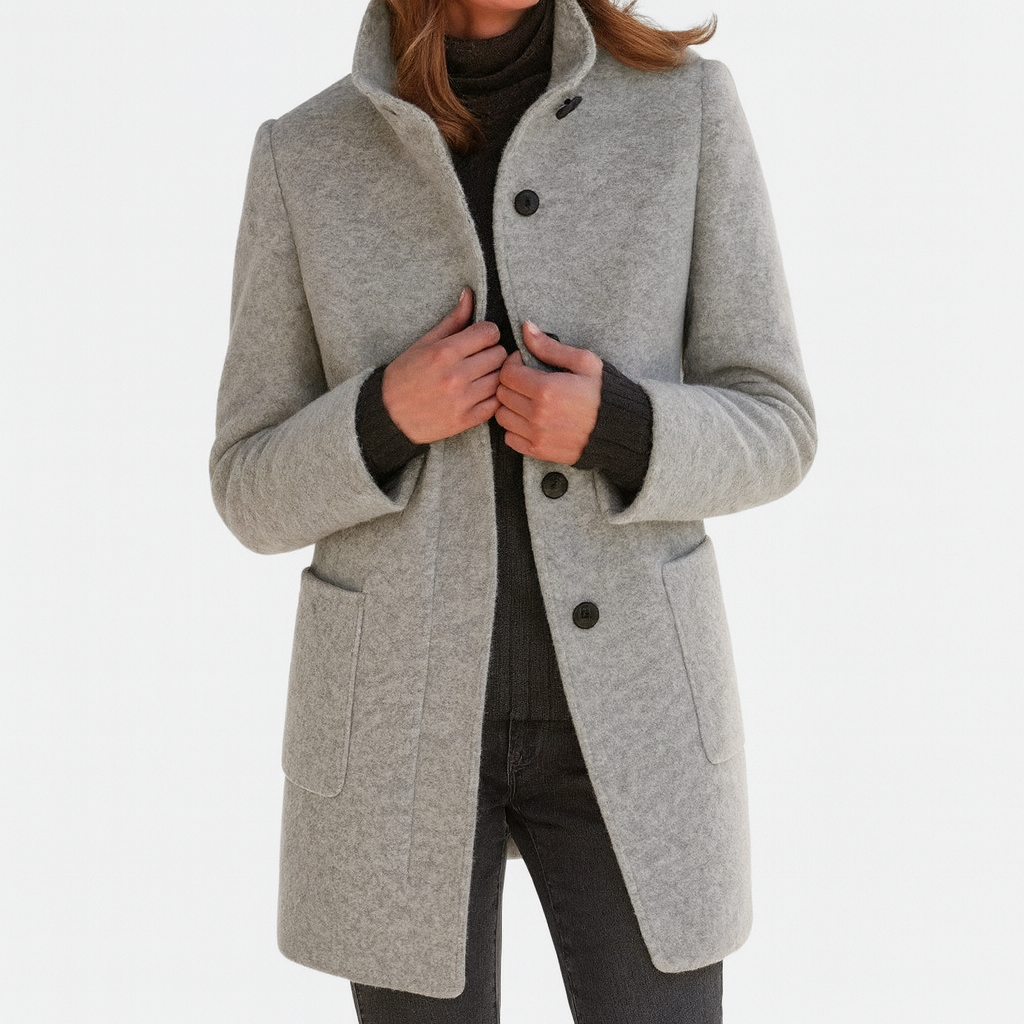 Amore | Women's Straight Cut Button-Front Coat - Tailored Faux Wool Blend Long Overcoat & Work Jacket