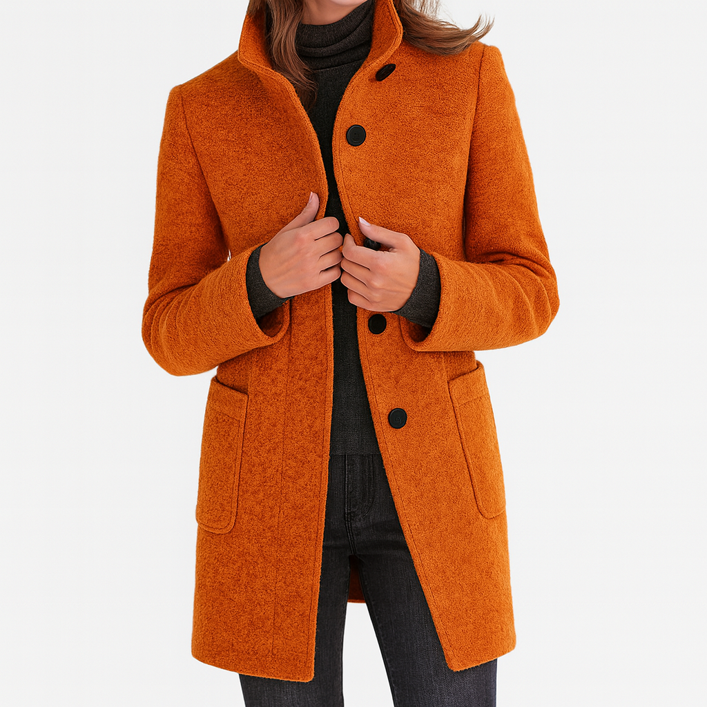 Amore | Women's Straight Cut Button-Front Coat - Tailored Faux Wool Blend Long Overcoat & Work Jacket