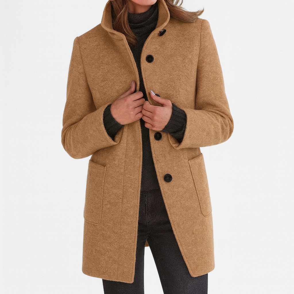 Amore | Women's Straight Cut Button-Front Coat - Tailored Faux Wool Blend Long Overcoat & Work Jacket