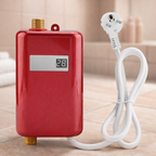 Compact tankless electric water heater in red with digital display and EU plug cord
